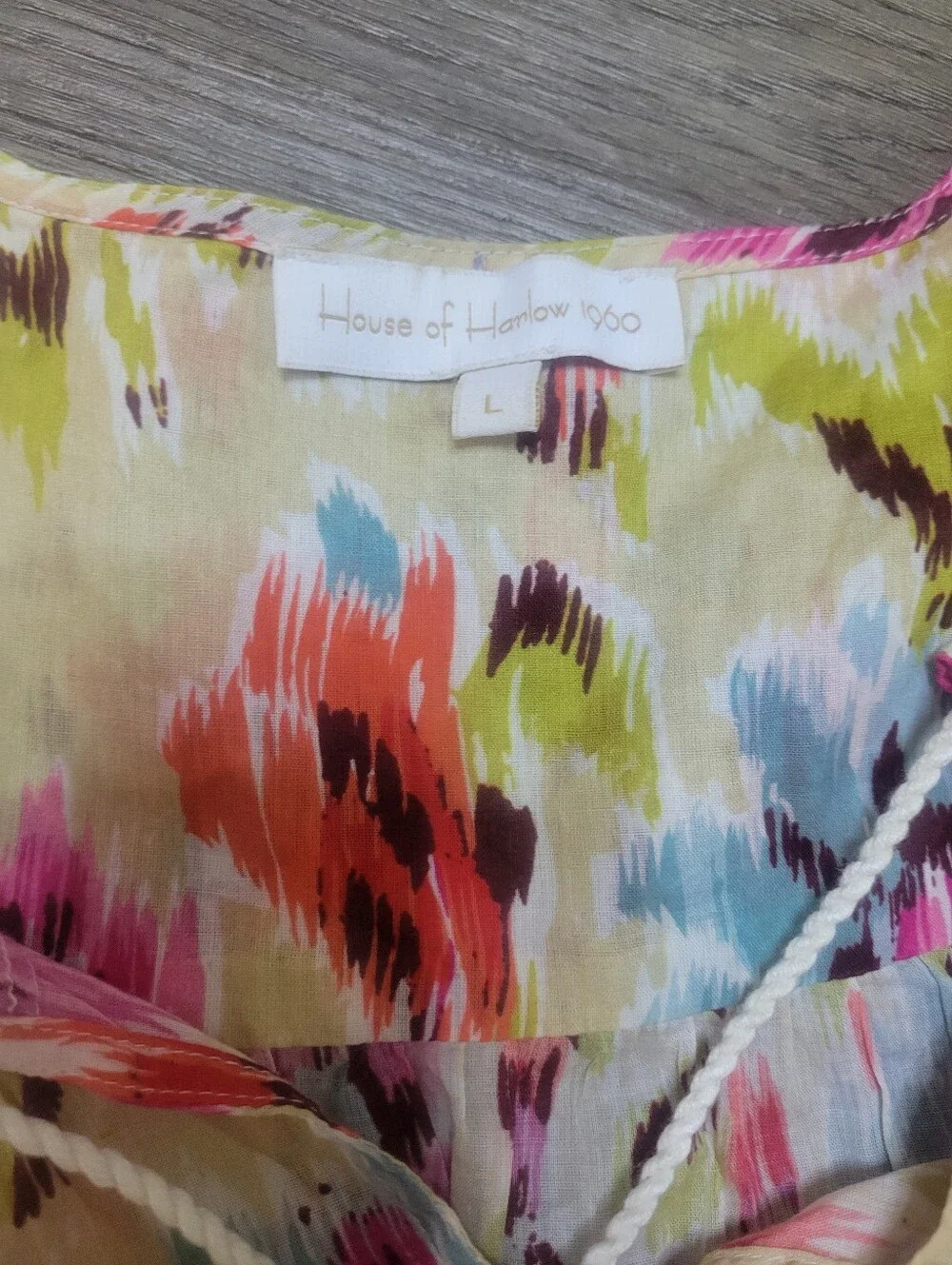 HOUSE OF HARLOW 1960 size L khaki pink ruffle slv peasant 100% cotton floral top